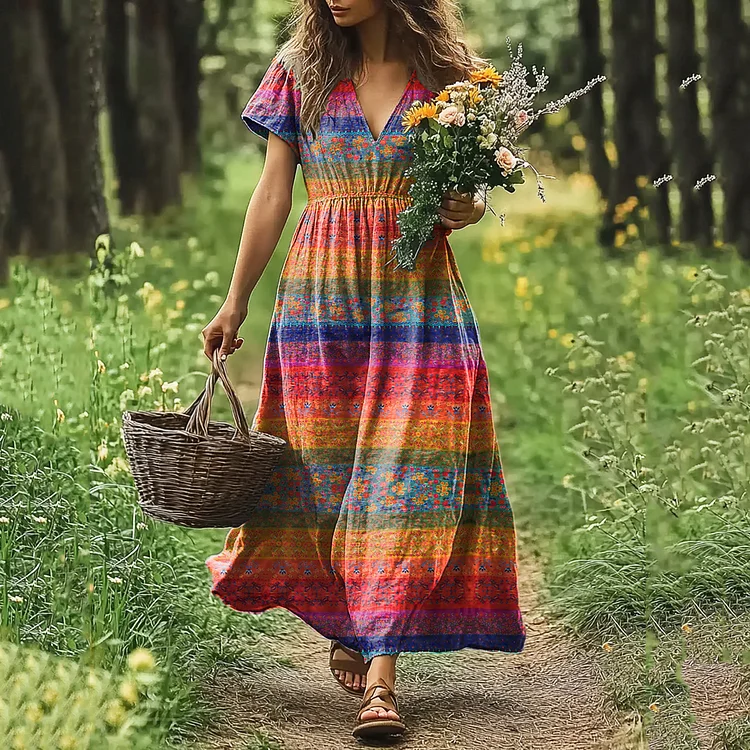 Utbros Womens Floral Art Linen Dress