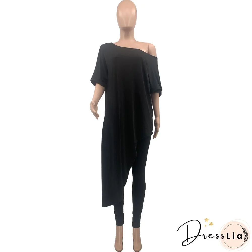 Plus Size Summer Clothes Solid Color Half Sleeve Slant Shoulder Loose Long T Shirt Top Pants 2 Piece Set