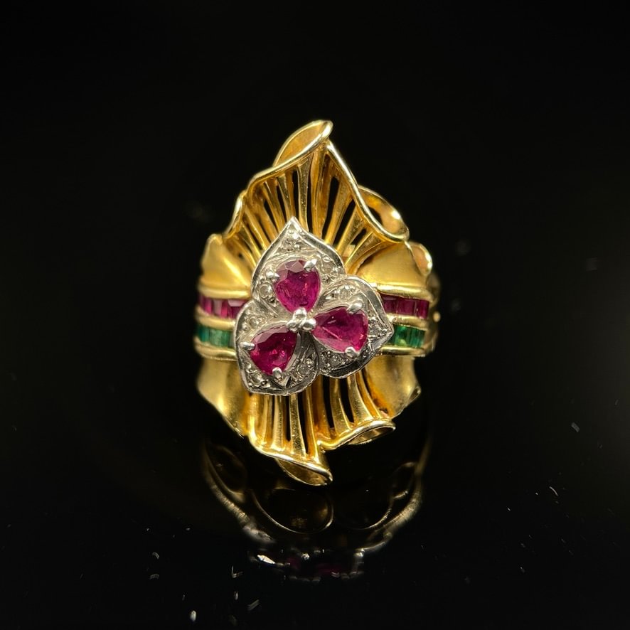 S006 18k金pt900铂金彩宝钻石丝带设计戒指，13/52码