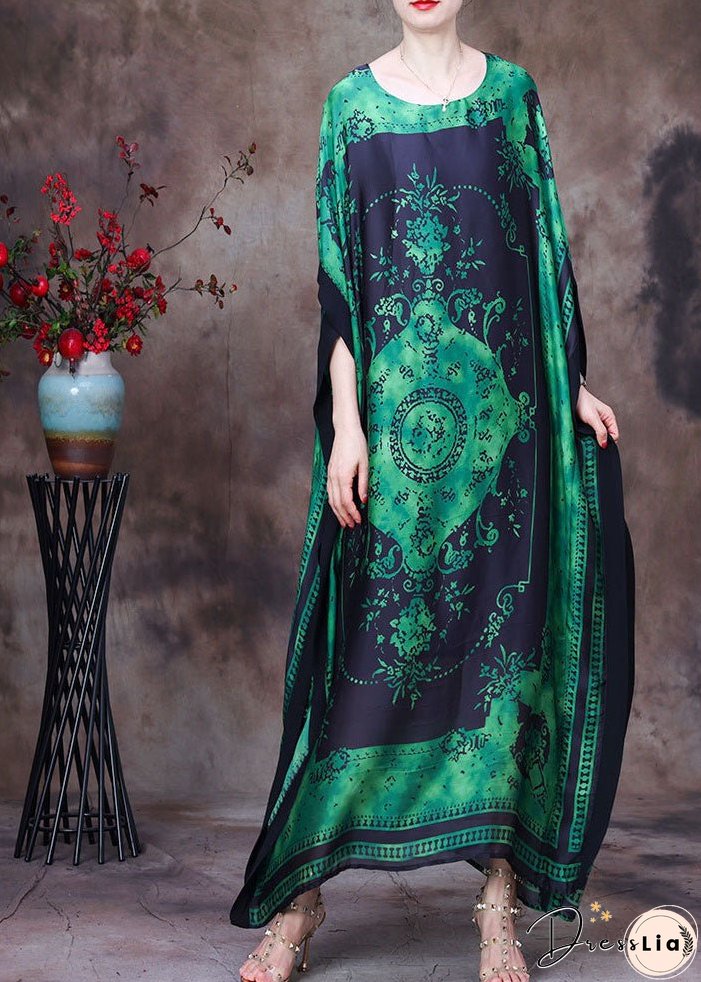 Loose Green O-Neck Asymmetrical Design Print Silk Beach Dress Gown Batwing Sleeve