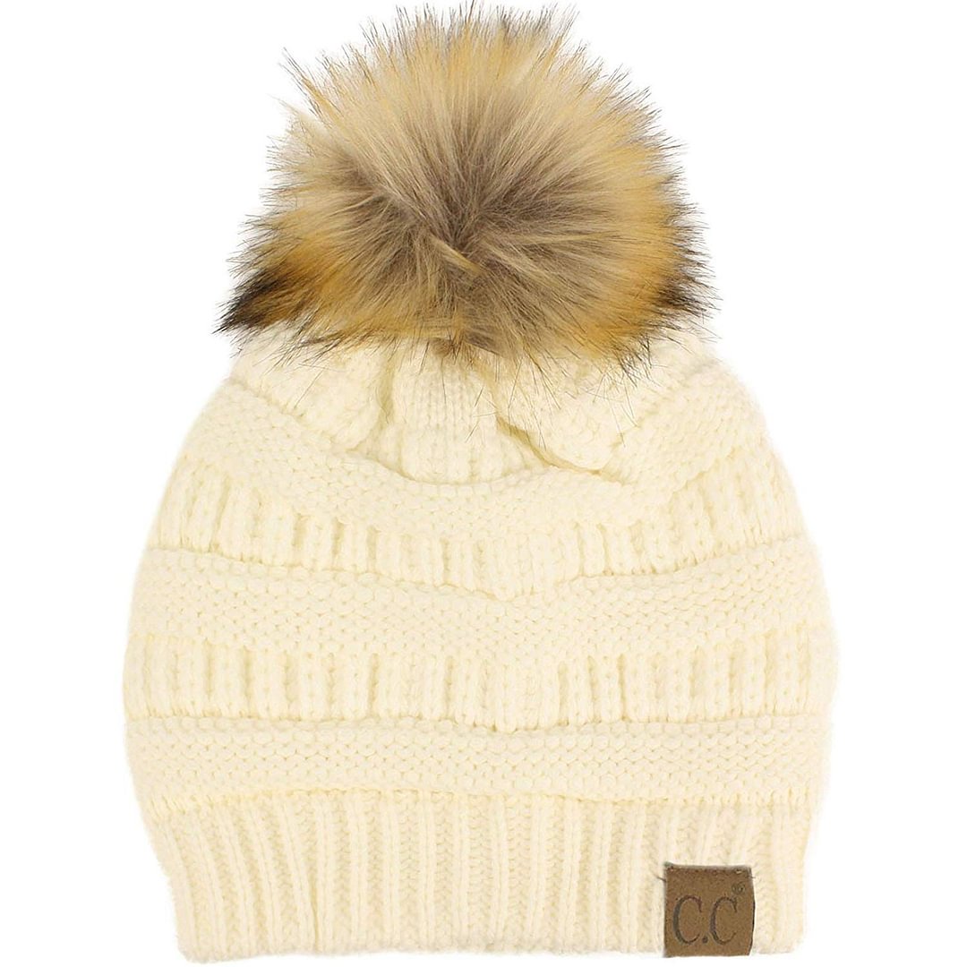 Fur Pom Winter Fall Trendy Chunky Stretchy Cable Knit Beanie Hat