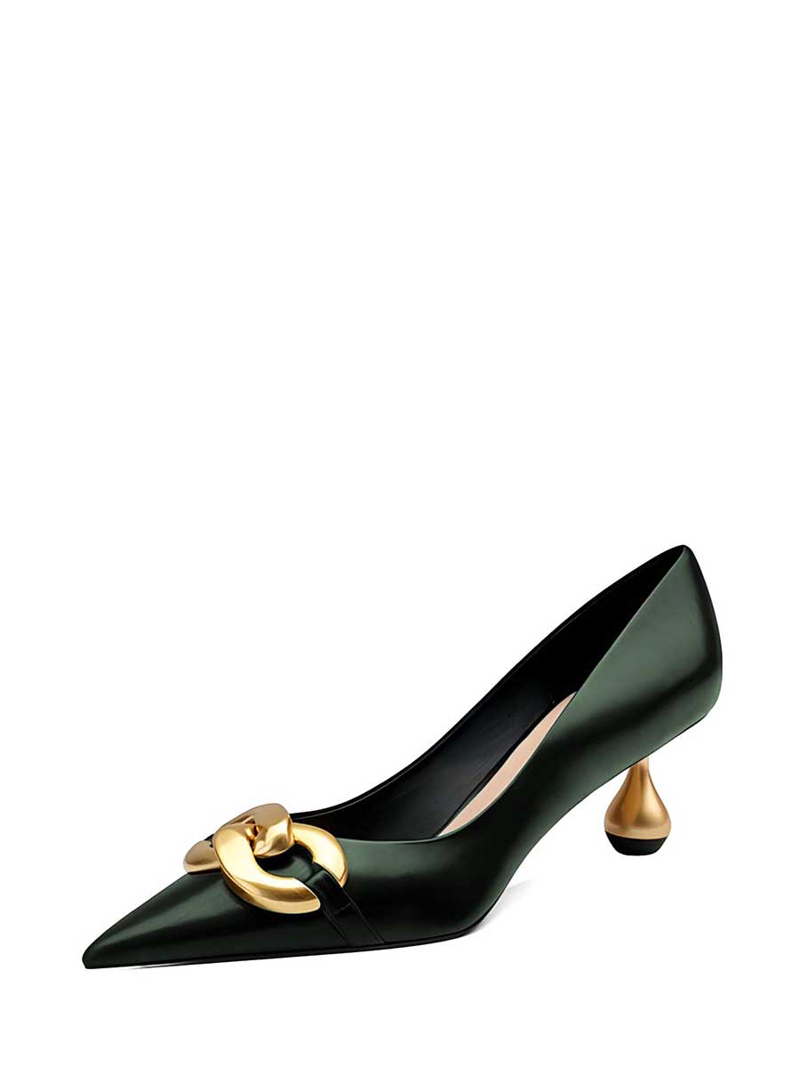 Dark Green Pointed Toe Gold Buckle Pumps Shoes with Sculptural Heel