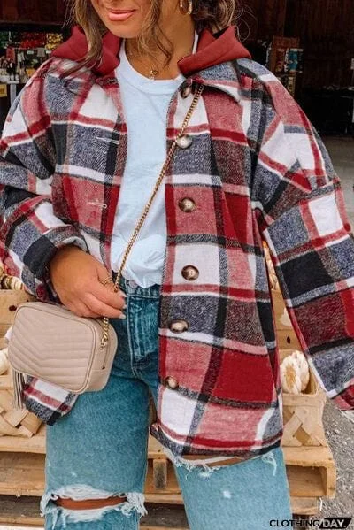 Plus Size Plaid Button Up Hooded Jacket