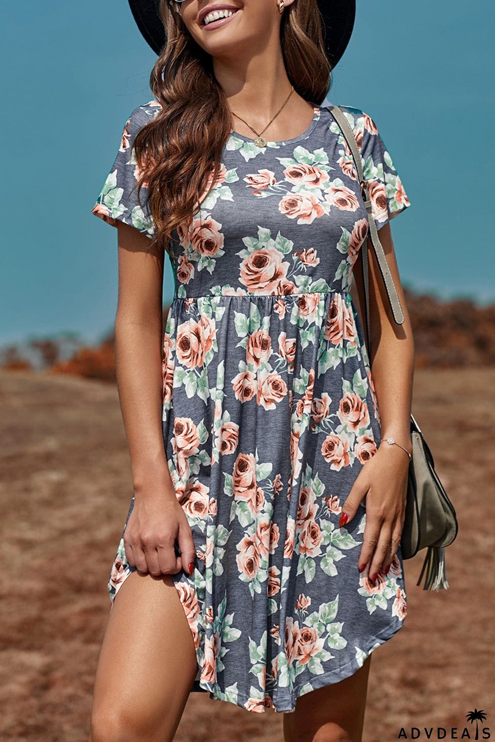 Floral Print Short Sleeve Pleated Mini Dress