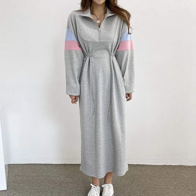 Fashion Stand Collar Zip-up Folds Drawstring Contrast Color Patchwork Long Sleeve Sweatshirt Dress