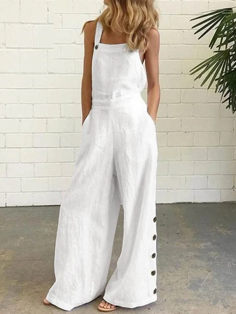 Casual Plain Sleeveless Loose Wide Leg Button Overall Jumpsuit