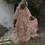 Women's Floral Roses Art Print Flowy Linen Blend Casual Long Sleeve Maxi Dress - Image 2