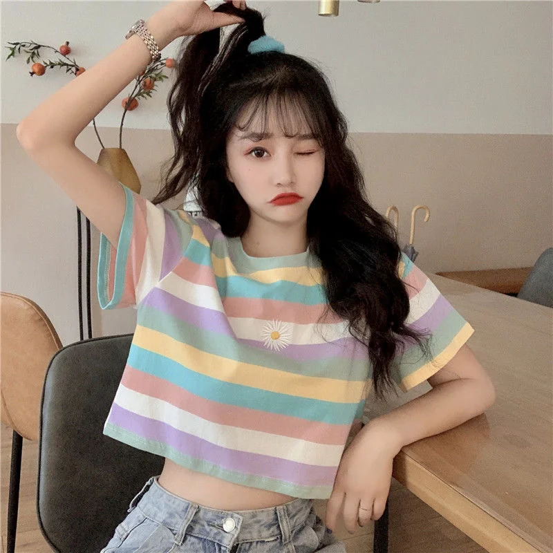 Short Sleeve T-shirts Women 2020 Crop Top Striped Rainbow Plus Size Girlish Colorful Fashion Chic All-match Casual Womens Kawaii