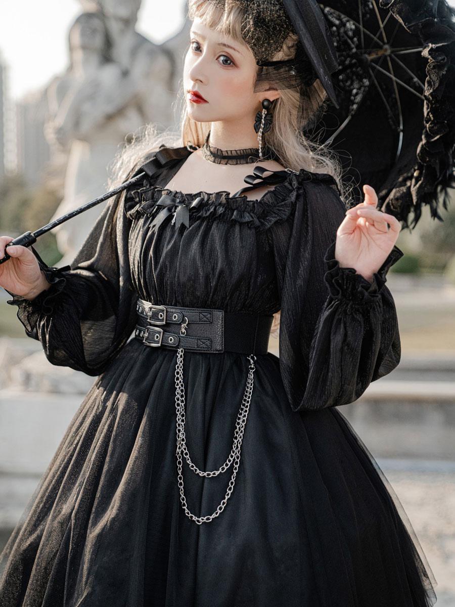 Gothic Black Long Sleeve Bow Ruffle OP Knot Lolita Dress