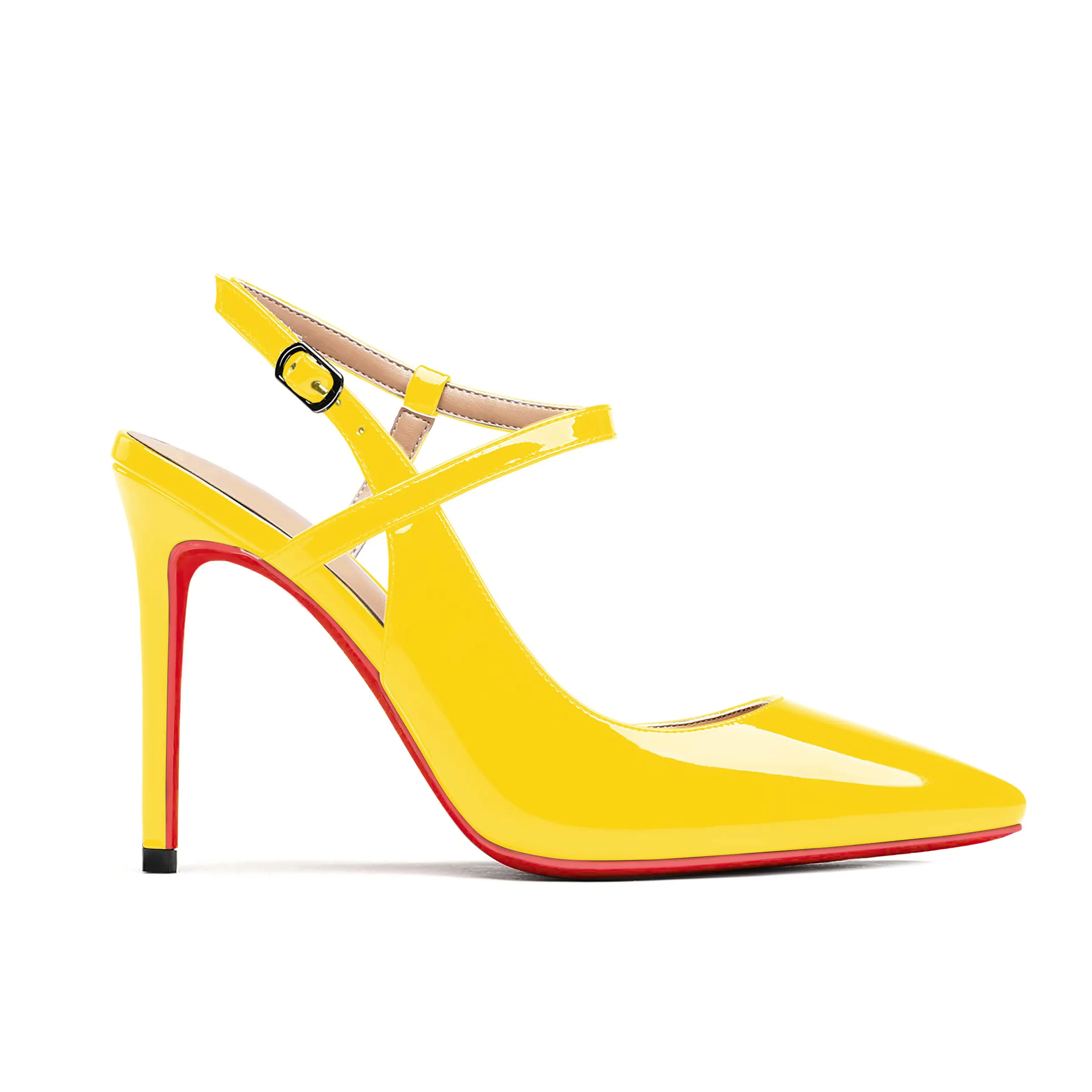 100mm Women Slingback Pumps Ankle Strap Jenlove Stiletto Mid Heel Close Pointed Toe Dress Red Soles-vocosishoes