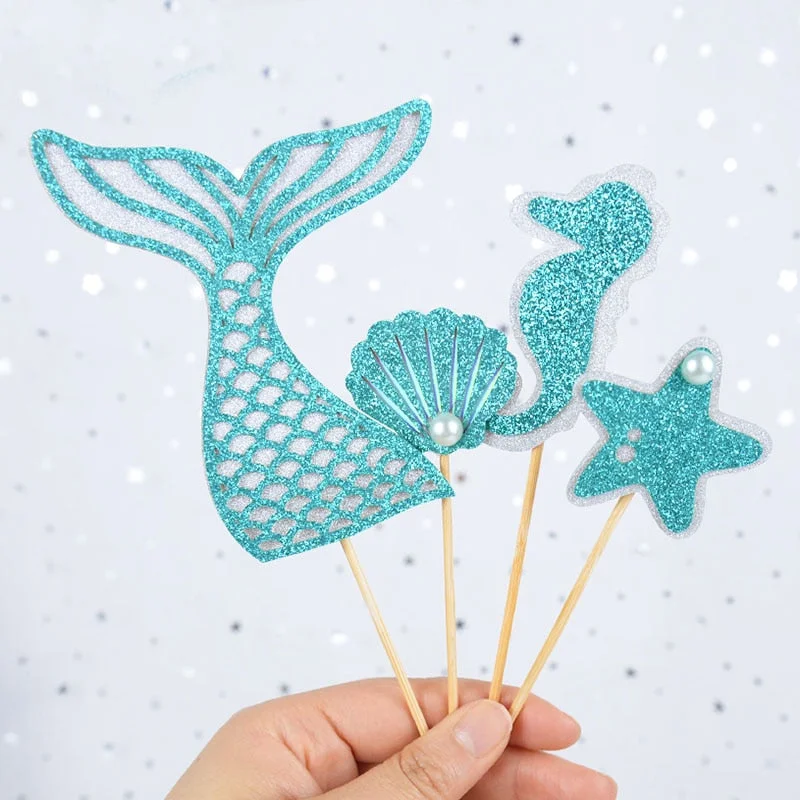 4Pcs/set Mermaid Tail Starfish Cake Toppers Flag Kids Birthday Party Decorations Cupcake Topper Wedding Baby Shower Supplies