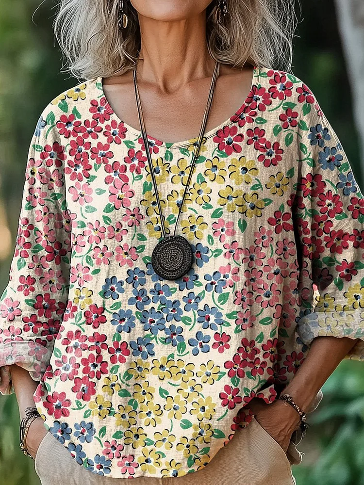 Retro Petite Floral Pattern Printed Women's Casual Cotton And Linen Shirt