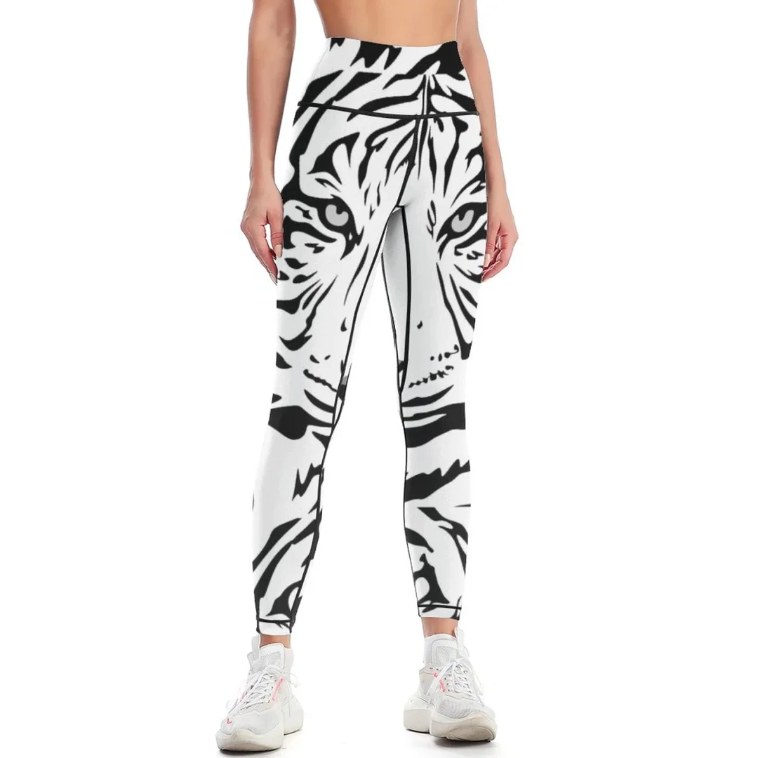 White Tiger Print Yoga Pants for Women Stretch Yoga Leggings Flat Seamless Trendy Active Sports Leggings