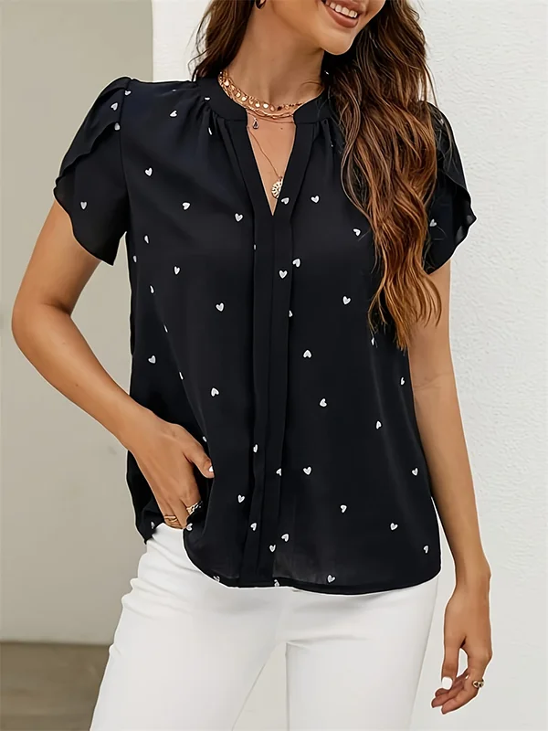 Pleated Polka-Dot Loose Short Sleeves V-Neck Blouses&Shirts Tops
