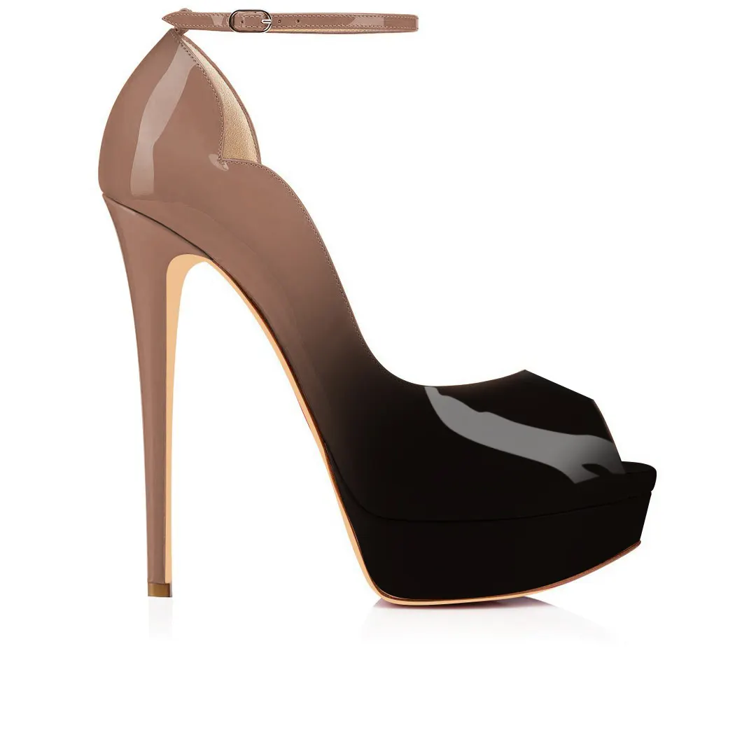 150mm Gradient Color Sky High Platform Ankle strap Pumps Nude Black Patent-vocosishoes