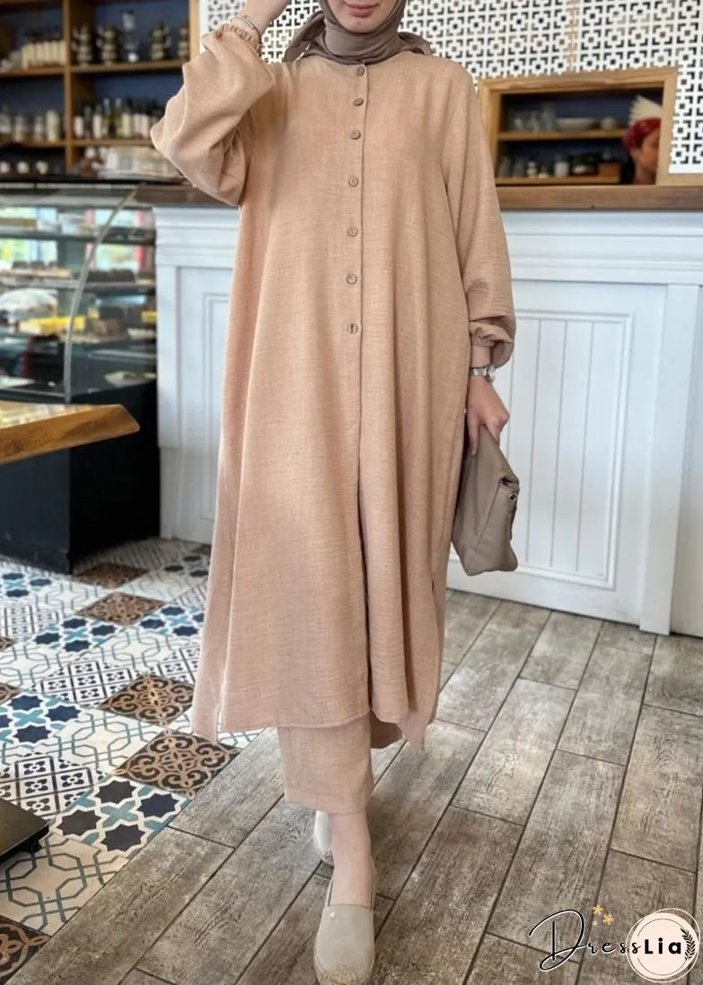 Plus Size Khaki Solid Button Cotton Two Pieces Set Long Sleeve