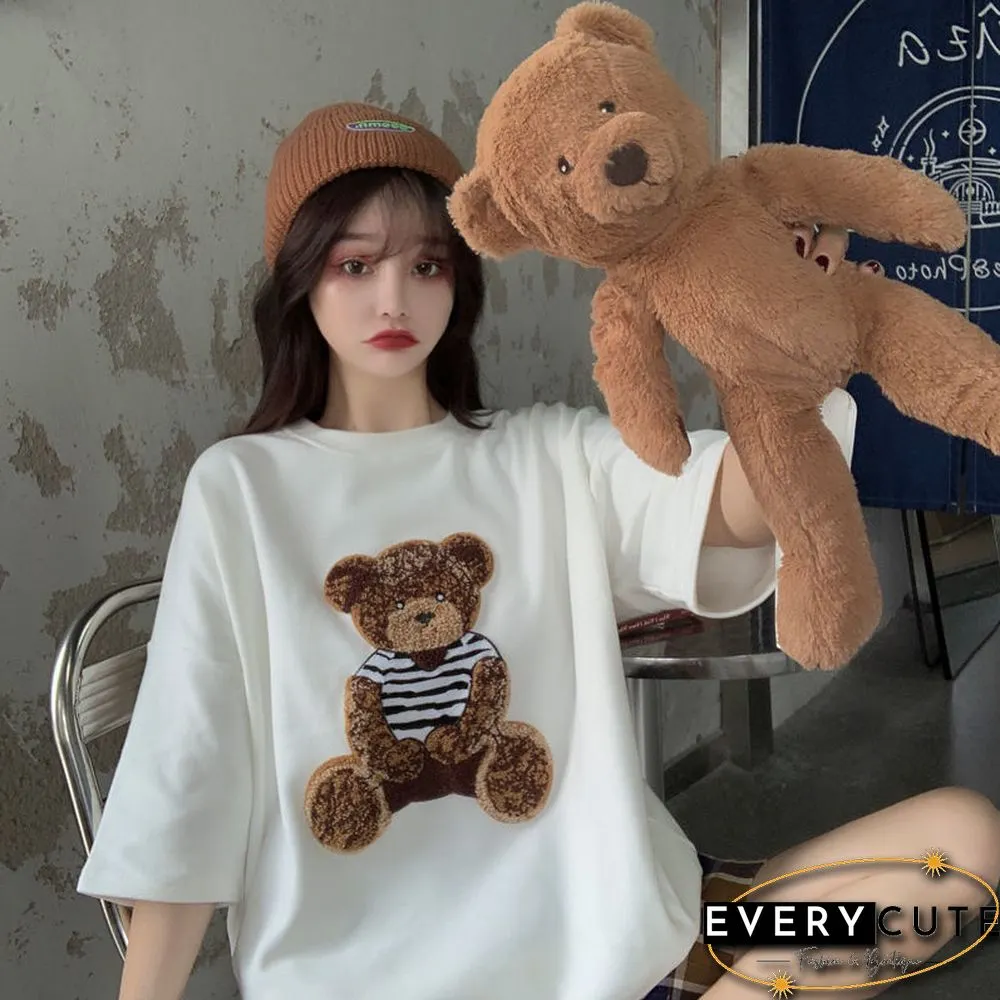 Harajuku Streetwear Oversized Women T-shirts Korean Cute Bear Half Sleeve Loose T-Shirt