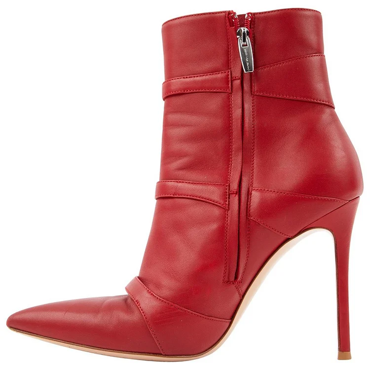 Red Buckle Boots Pointy Toe Stiletto Heel Ankle Boots |FSJ Shoes
