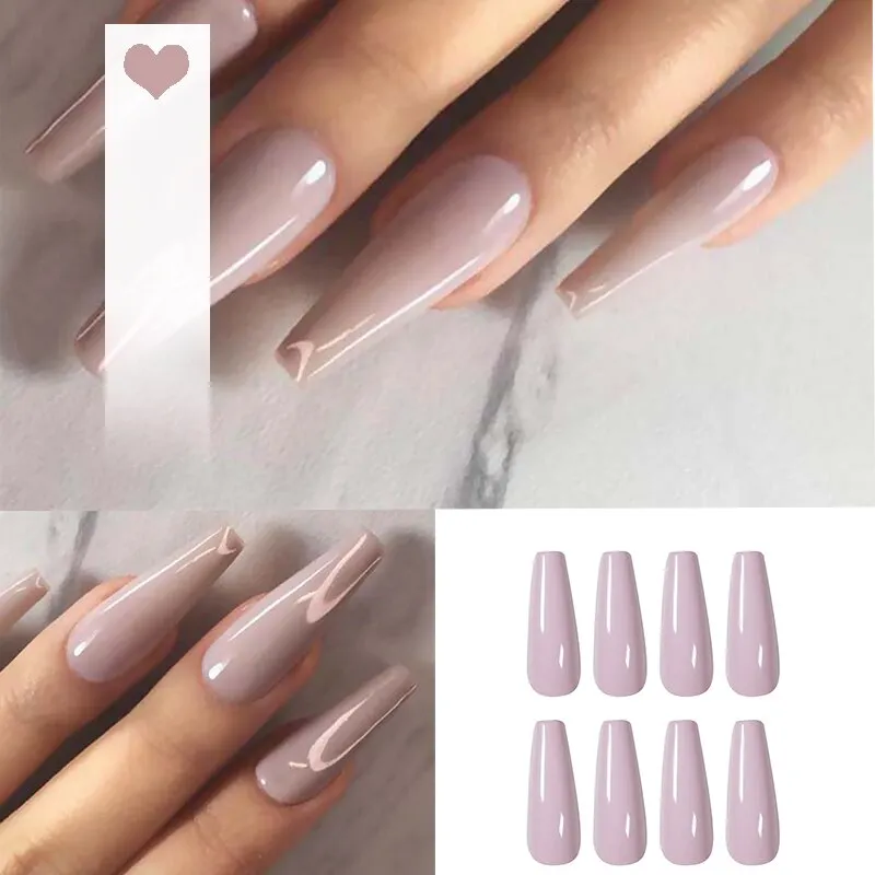 24PCS/box artificial nails with glue Milky white pink Gradients long Ballet Nail stick fake nail tips full cover acrylic-Nail Inspo