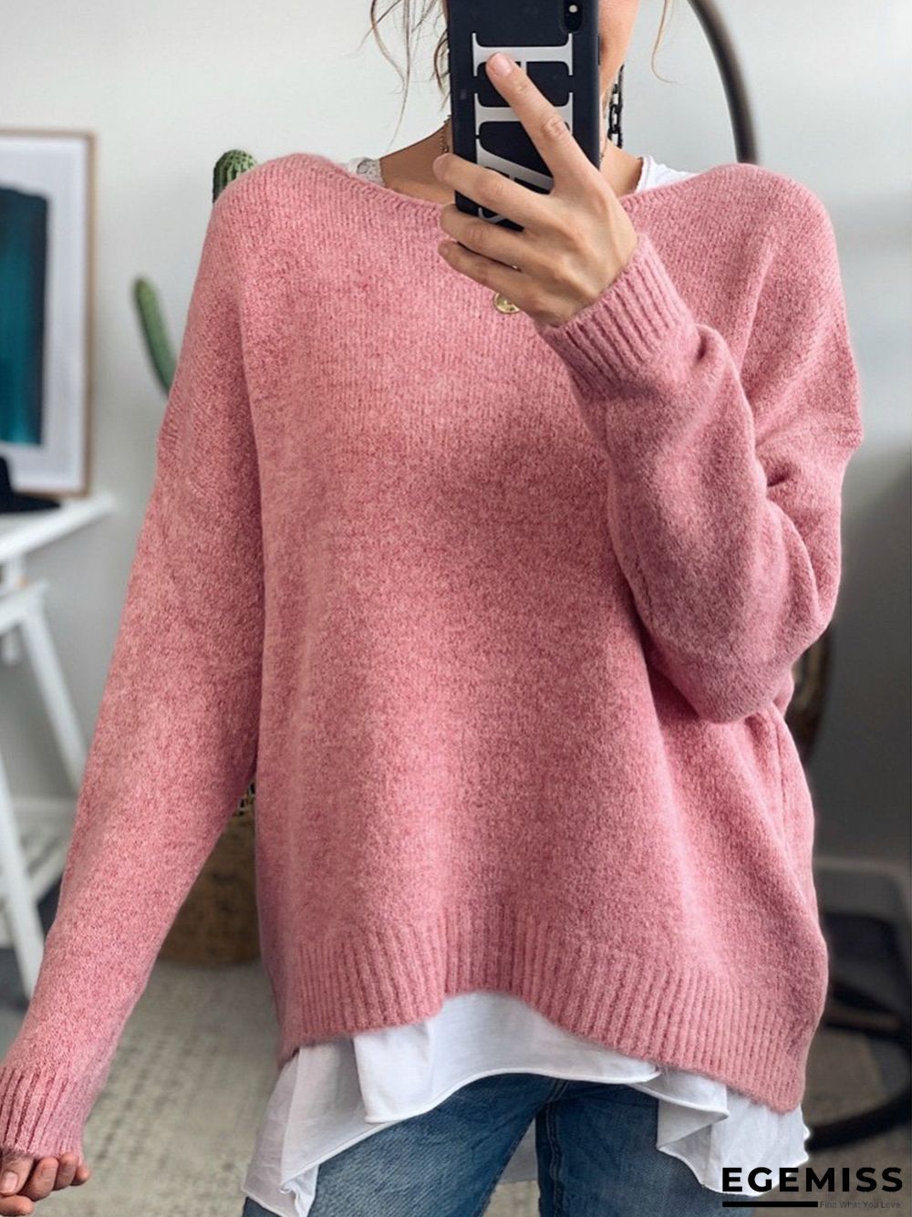 Blue Casual Cotton-Blend Crew Neck Sweater | EGEMISS