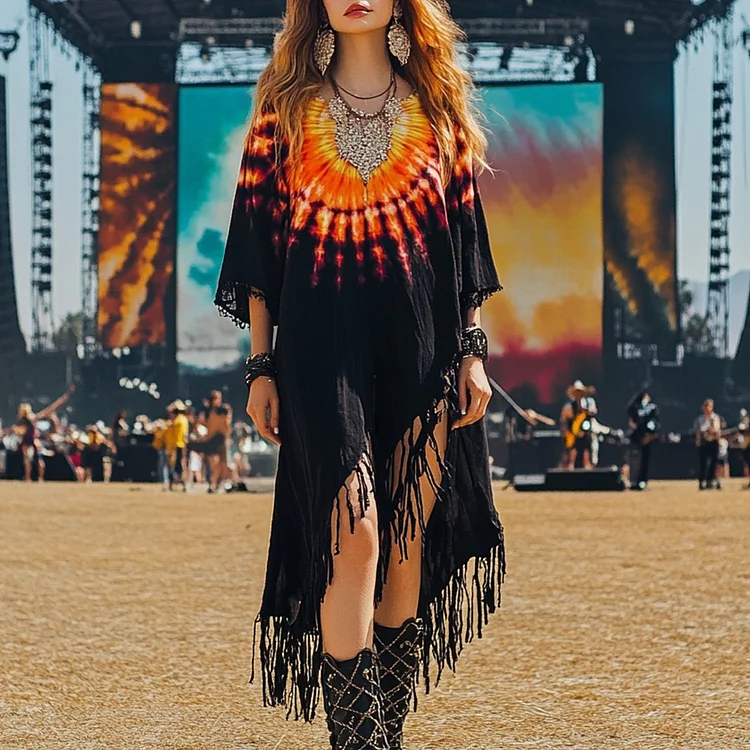Coachella Music Festival Rock Rave Party Tie-Dye Ruffle Floral Fringed Lace Vintage Dress