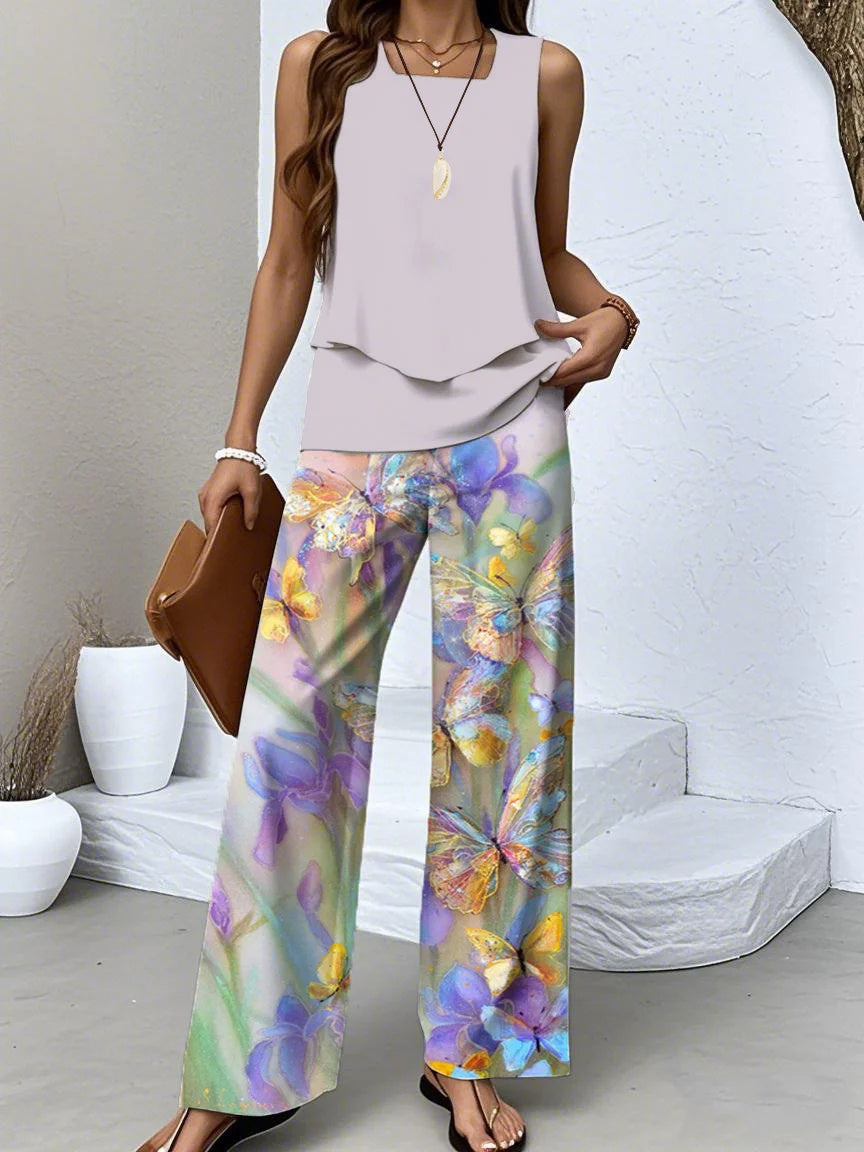 Women's Sleeveless Square Collar Graphic Printed Casual Set