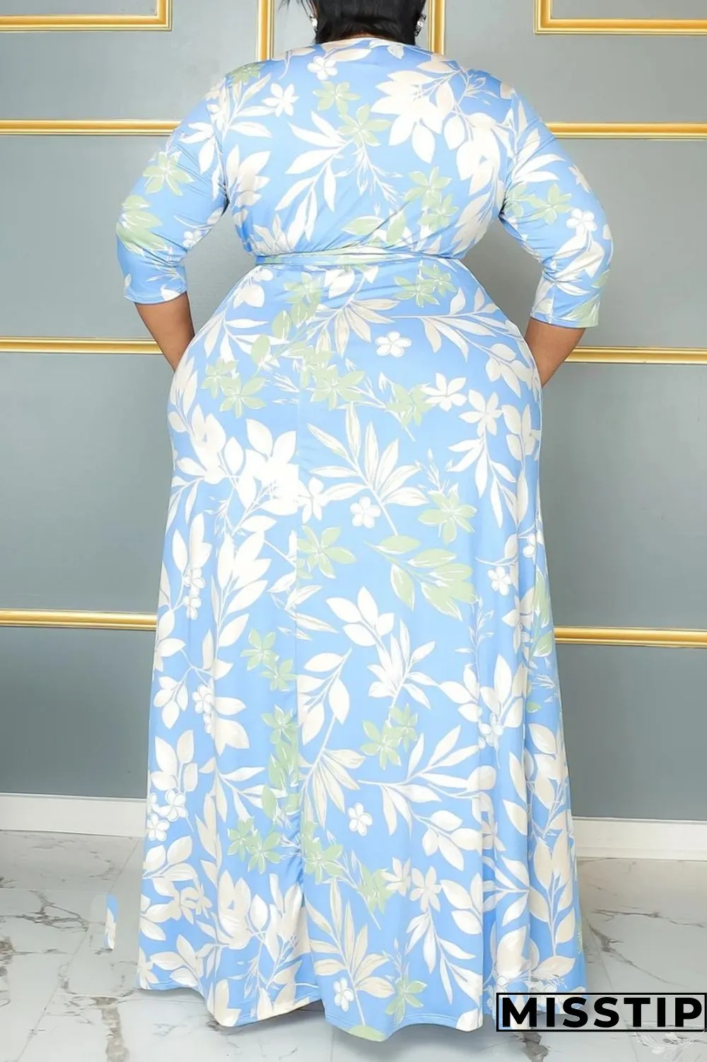 Pink Casual Print Frenulum V Neck Long Sleeve Plus Size Dresses