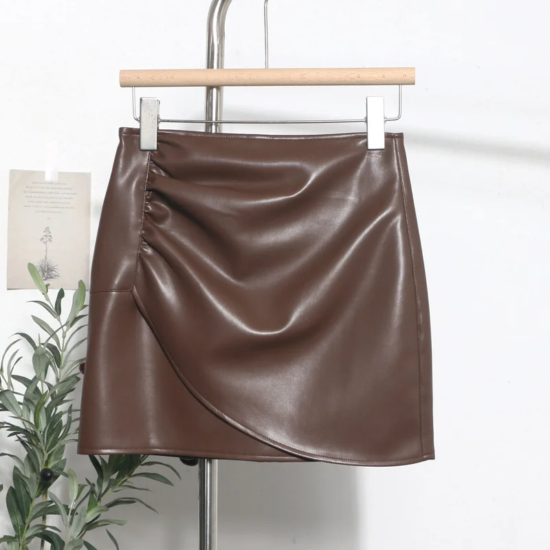 Uveng Real Shooting High-Waist Irregular Folded Cross A Word Pu Skin Small Man Short Skirt Women Autumn And Winter Bag Hip Skirt 1833