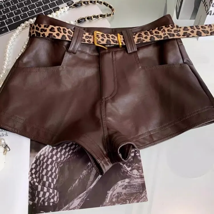 Faux Leather A - Line Shorts with Leopard Print Belt and High Waist