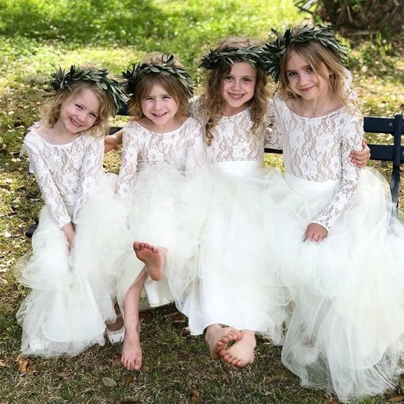 Ivory Long Sleeves Ankle-Length Tulle Flower Girl Dresses with Lace