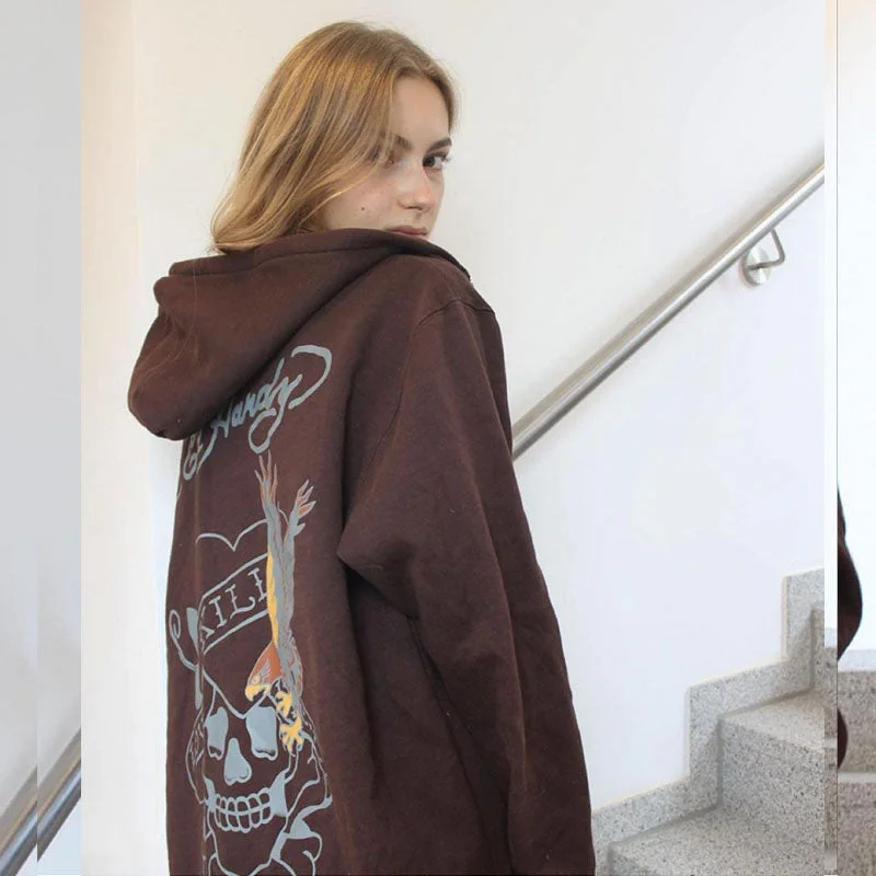 Y2k winter sweater clothes brown jacket zip sweatshirt oversized hoodie female xl retro long sleeve pullover with pocket