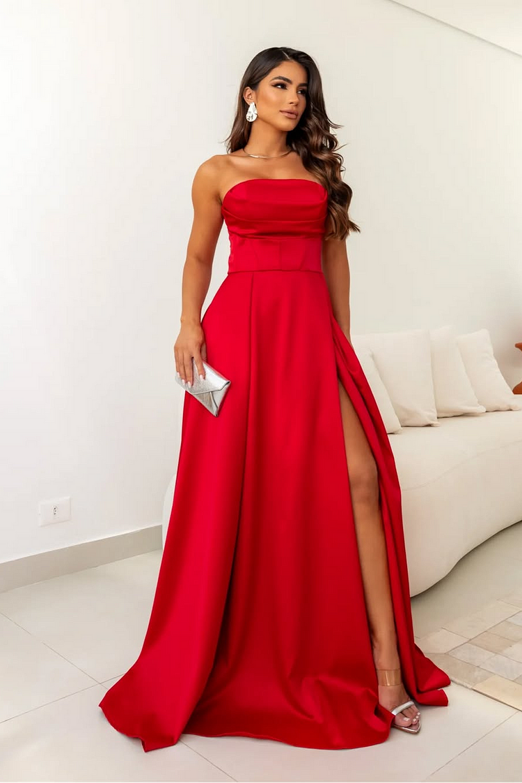 Bright Red Satin Strapless Sleeveless Long A-Line Prom Dress With Pleated And High Split | MS0464 Wellcucu