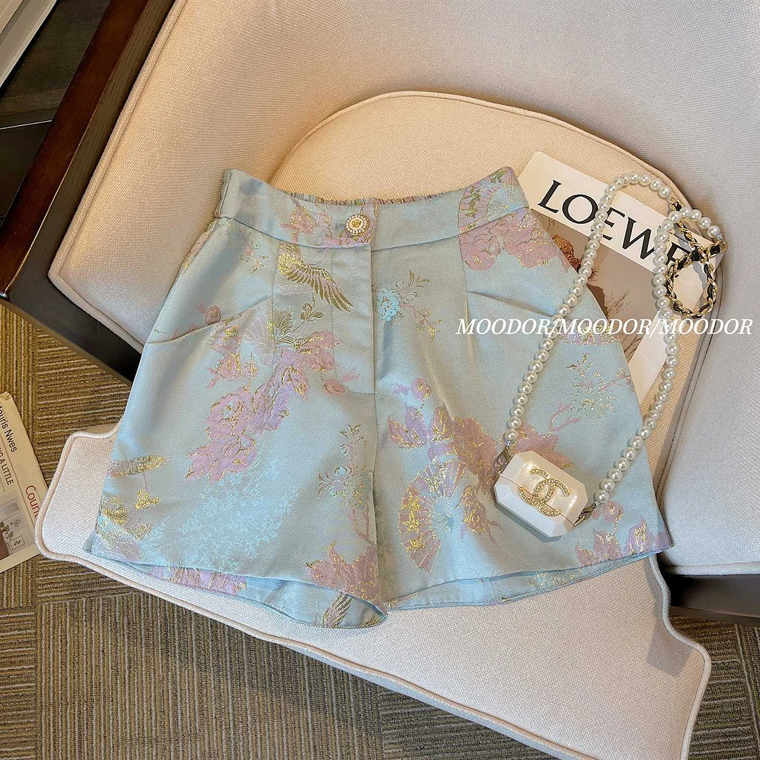 Ueong Advanced Sense Shorts Girls 2023 Summer Embroidery Retro High-End Trousers Satin Wide Legs Blue Hip Pants