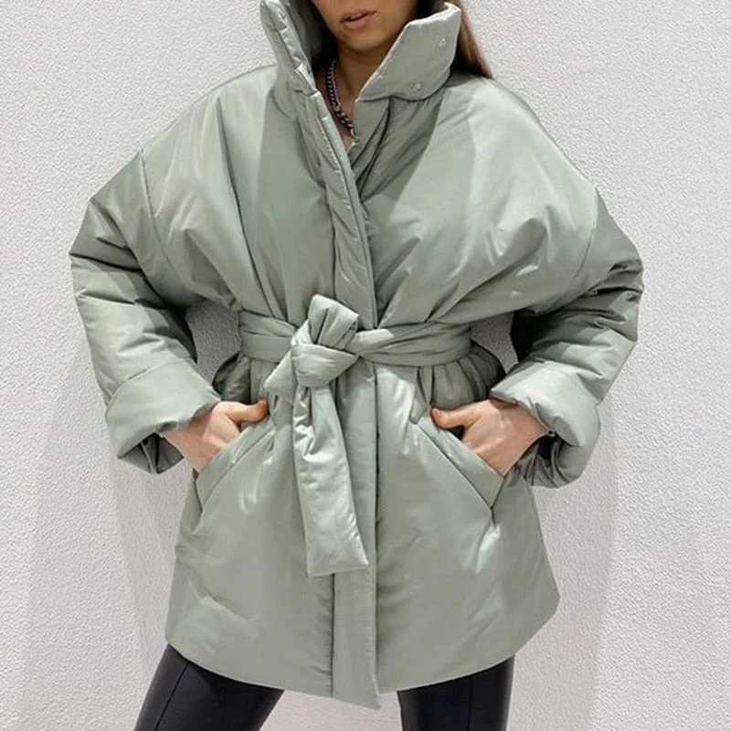 Stand Collar Parkas Women Fashion Tie Belt Loose Coats Women Elegant Spring Casual Long Cotton Jackets Female Ladies