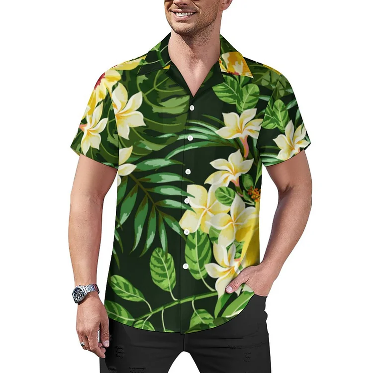 Yellow Tropical Watercolor Hibiscus Botanical Cuban Guayabera Beach Shirt Men Summer Tropical Casual Aloha Hawaiian Tops - Heather Prints Shirts