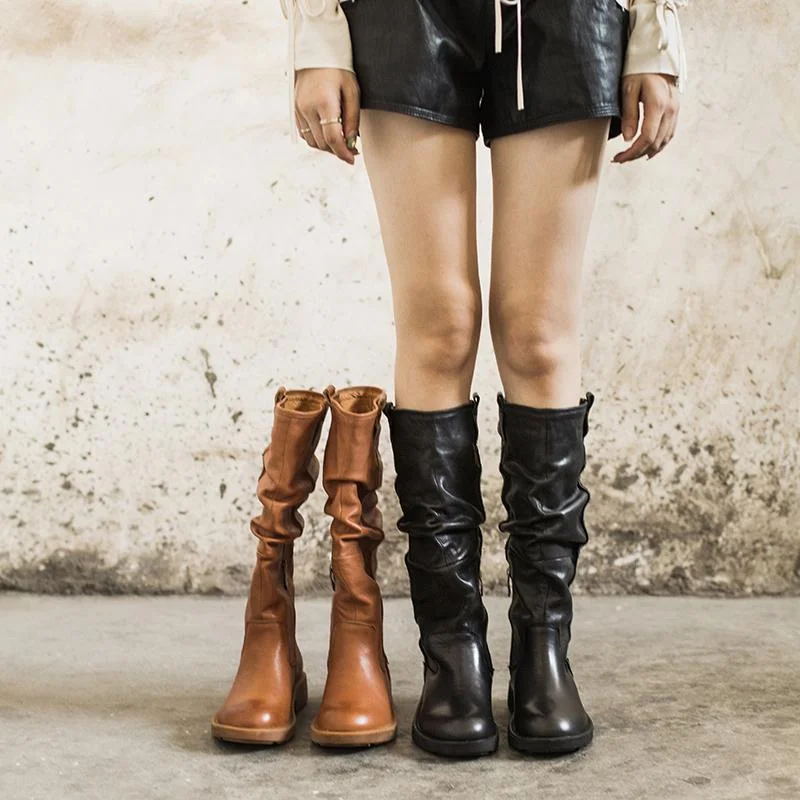 Waxing Leather Knee High Boots Fold Design Riding Boots Black/Brown