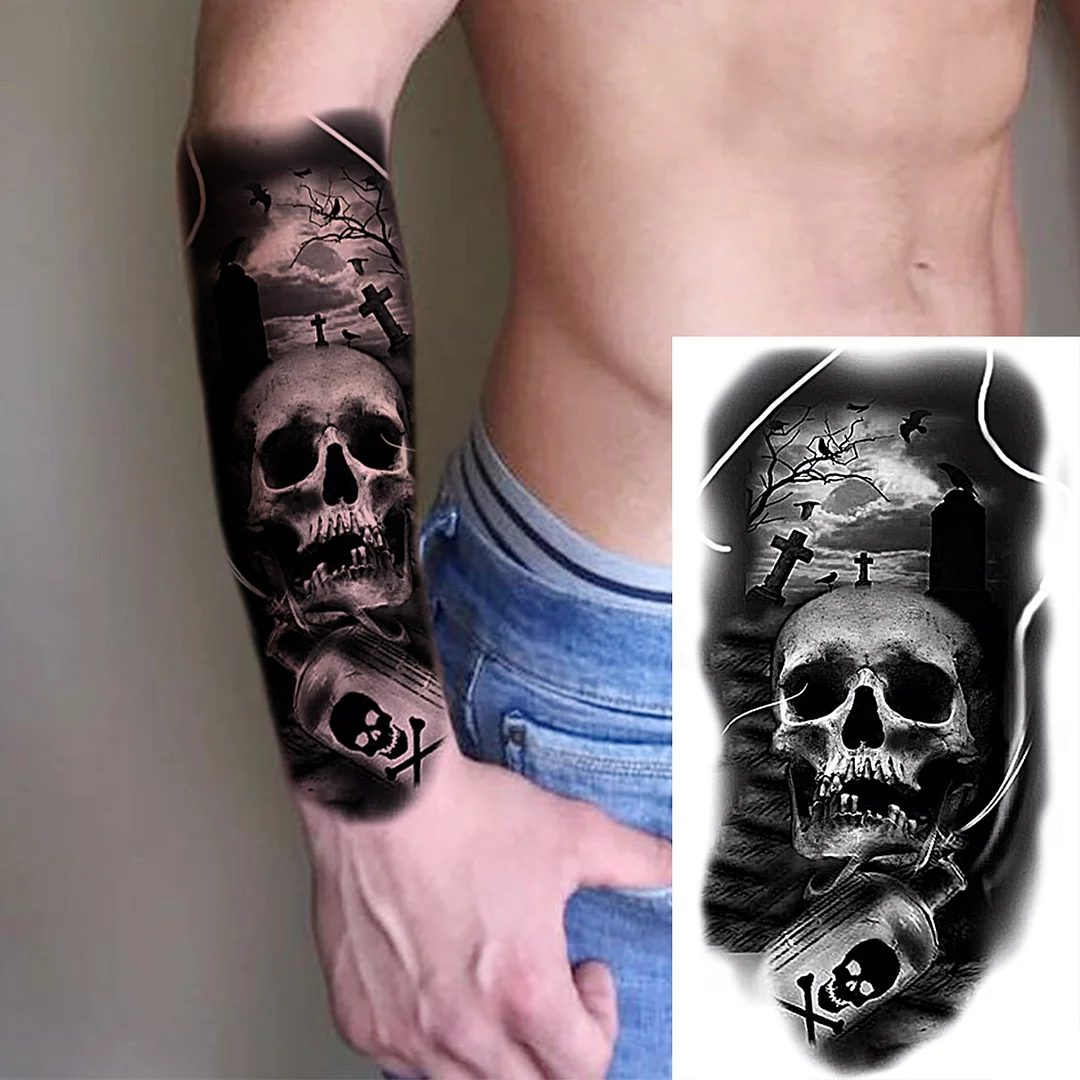 Sdrawing Realistic Black Devil Temporary Tattoos For Men Adult Tiger Pirate Skeleton Vampire Fake Tattoo Forearm Scary Tatoo Joker