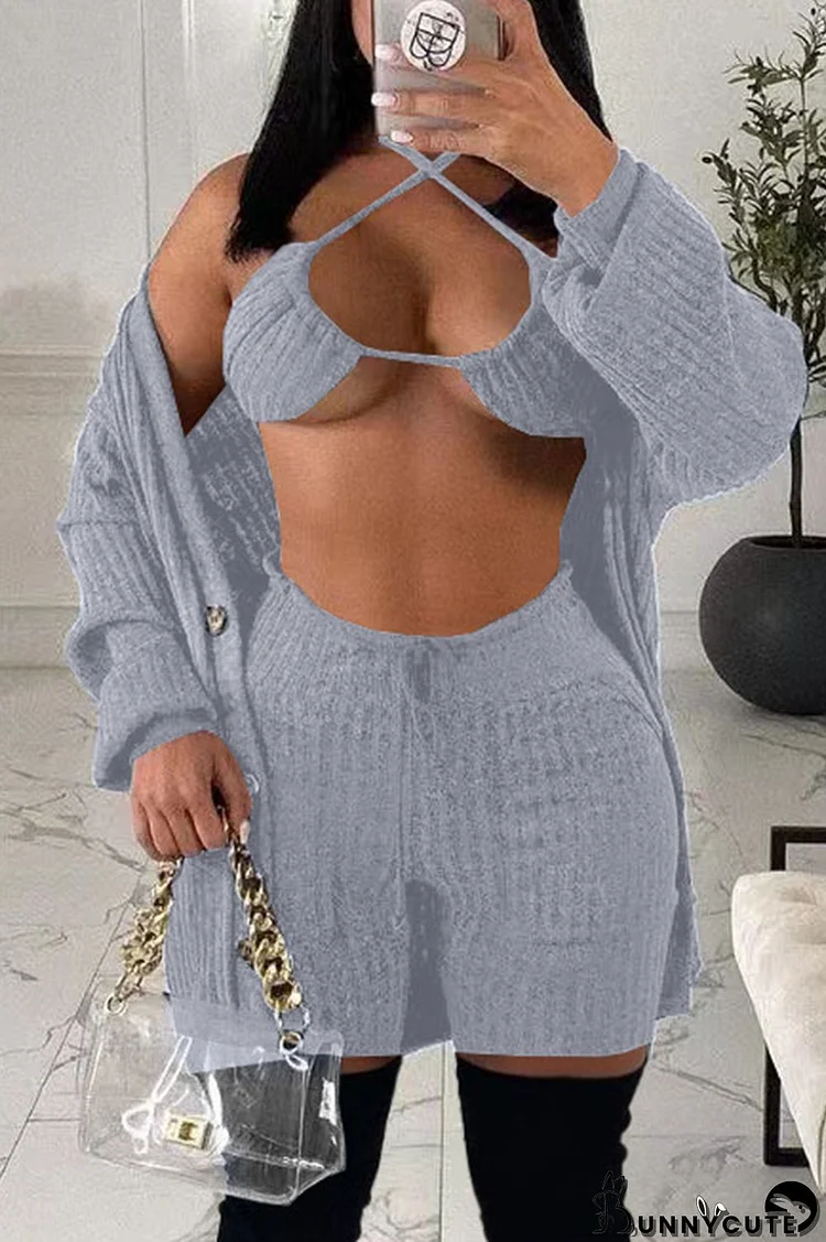 Grey Fashion Sexy Solid Basic Long Sleeve Three-piece Set