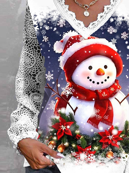 Women Long Sleeve V-neck Snowman Printed Graphic Lace Christmas Tops