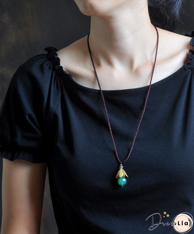 Vintage Green Hand Knitting Agate Golden Leaf Pendant Necklace