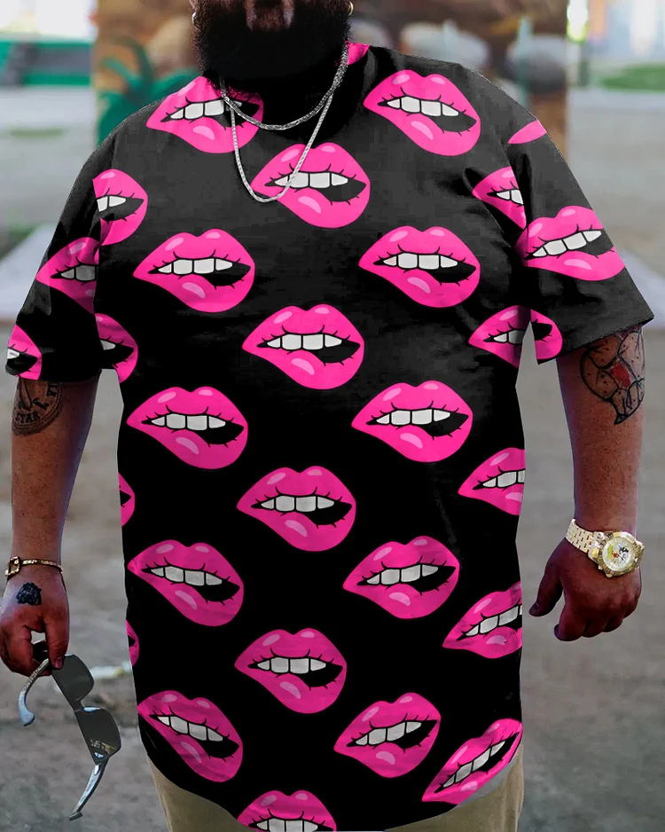 Men's Plus Size Casual Pink Art Flame Lips T-Shirt