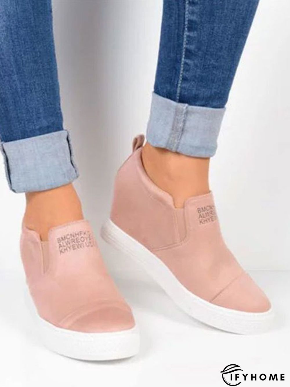 Letter Stitching Inner Heightening Round Toe Wedges | IFYHOME