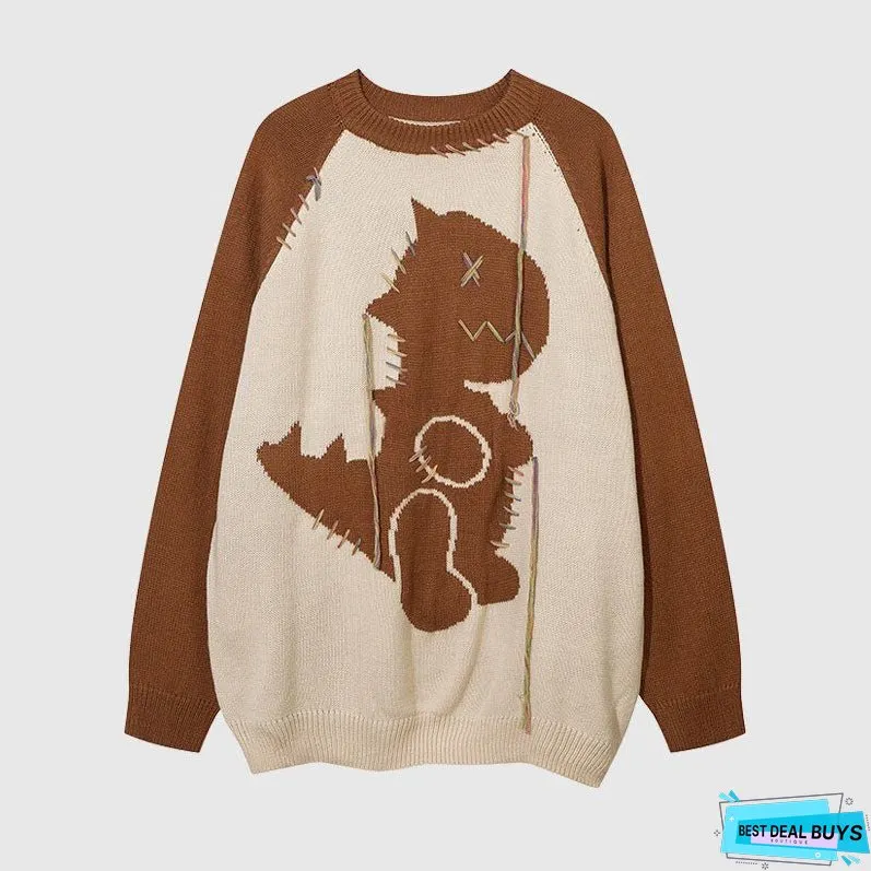 Color Contrast Dinosaur Patchwork Design Knit Pullover