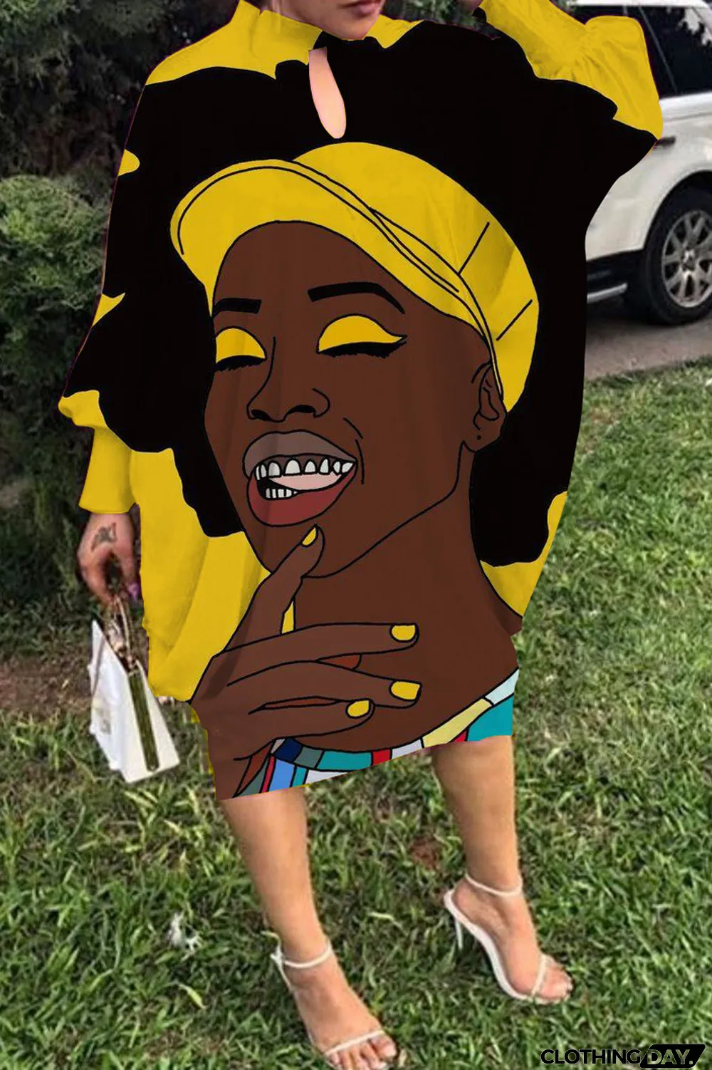 Light Gray Fashion Print Hollowed Out Round Neck Long Sleeve Dress