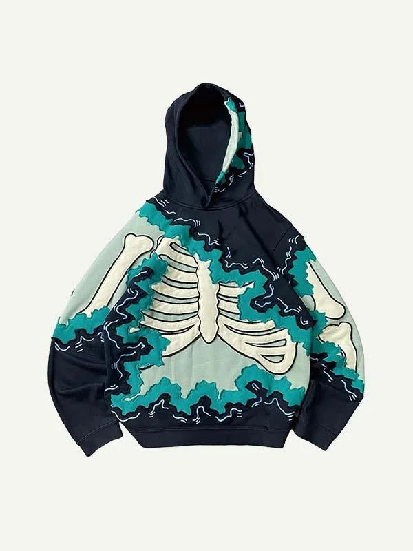 Skeleton Faux Decal Print Slant Pockets Hoodie