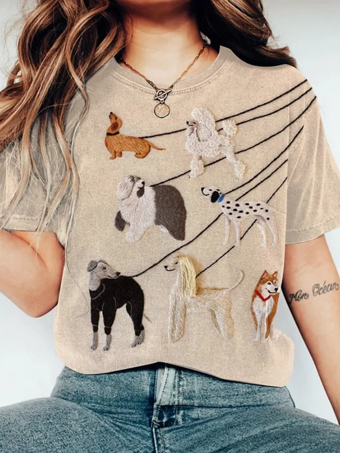Women'S Embroidered Dog Art Print T-shirt