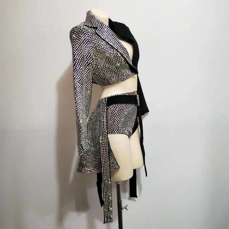 GOOSHOE 2PCS/SET Rhinestones Outfit Black Blazer Short Jazz Skirt Costume For