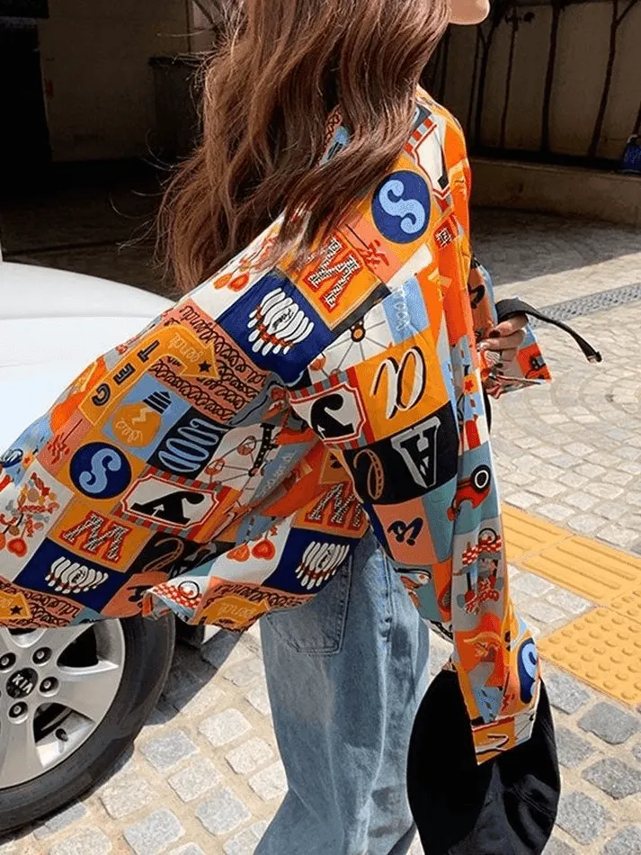 Brownm Vintage Mixed Print Long Sleeve Blouse