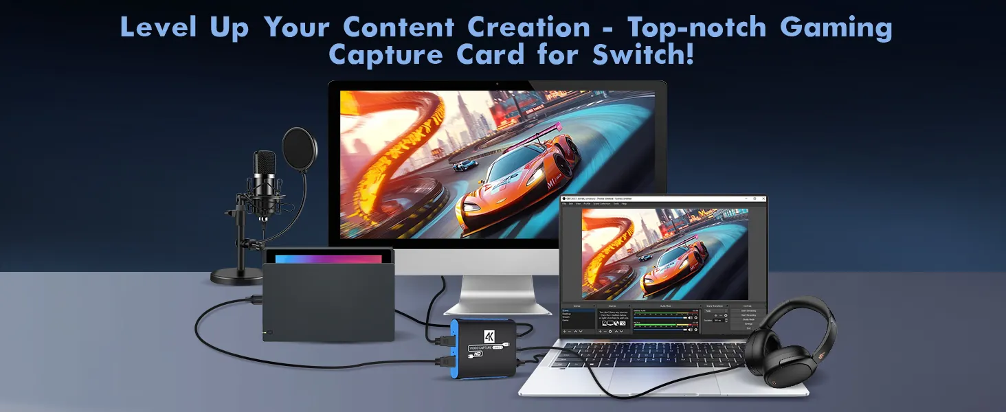 Switch 4K capture card promo: connects Switch, monitor, laptop, mic, headphones, OBS Live Streaming