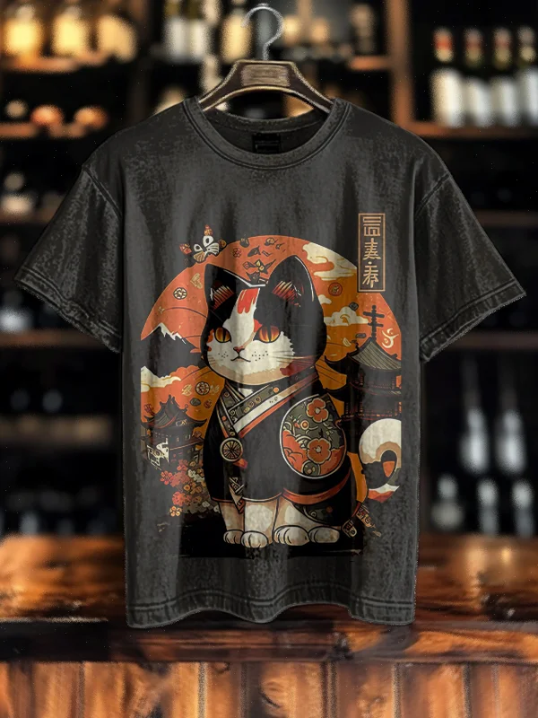 Men's Cat Geisha Art Print Cotton Washed T-Shirt